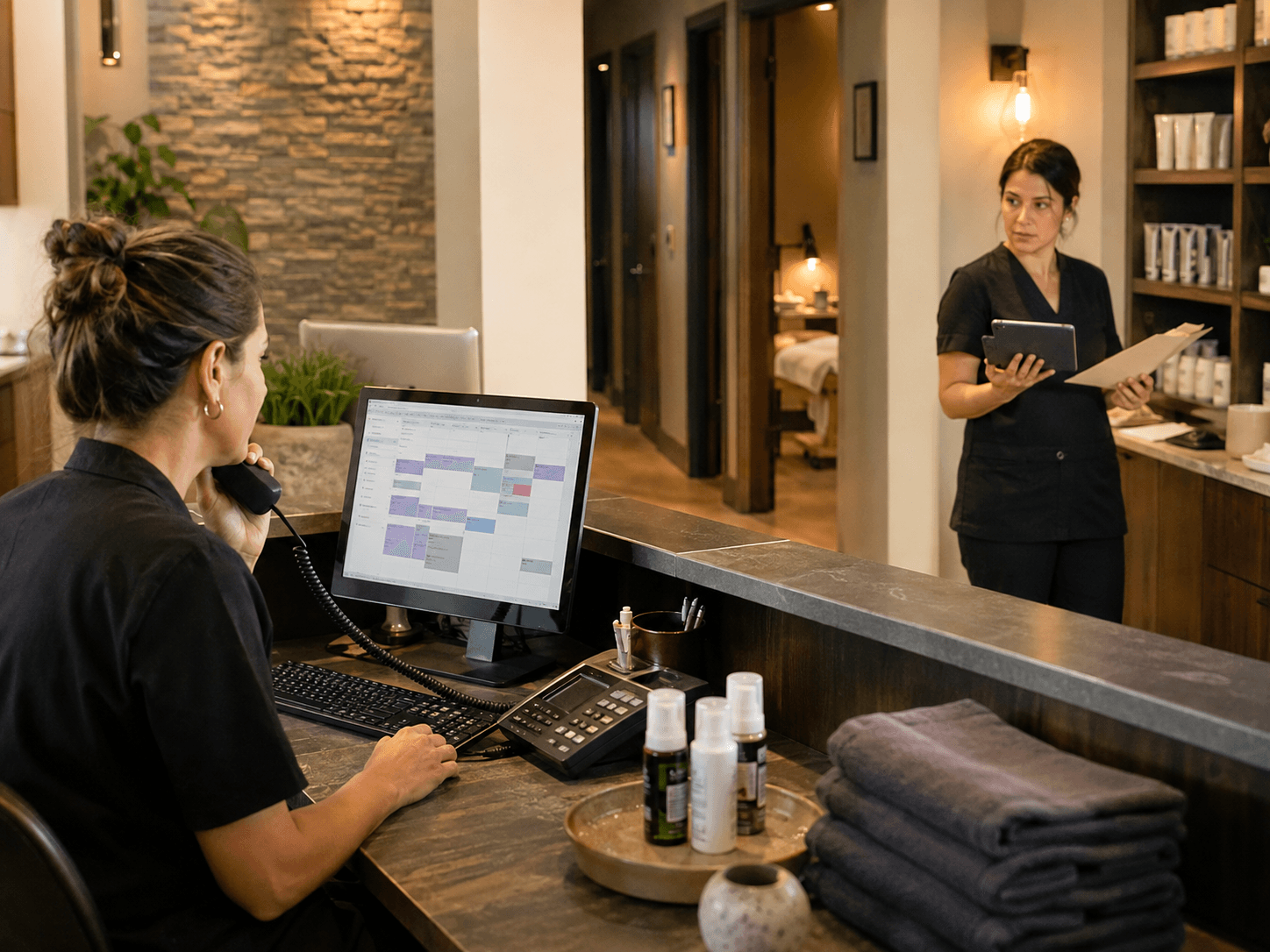 A customer list on screen, a separate desk phone, and the same details copied into a paper notebook