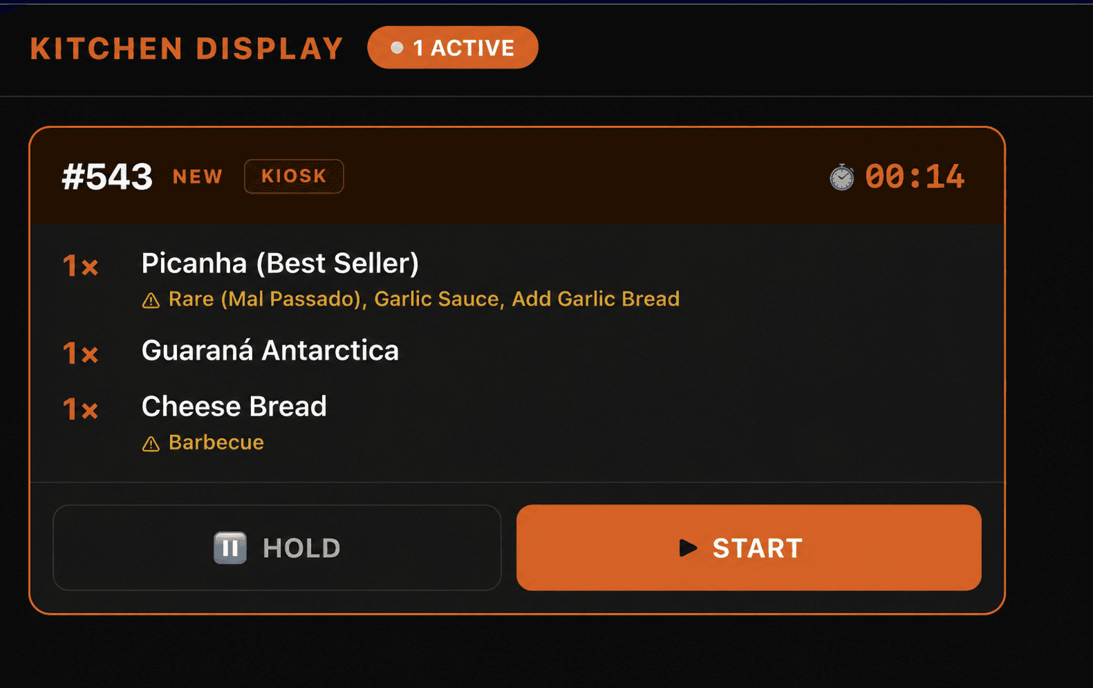 The ARIZN kitchen display showing a live order: picanha, Guaraná Antarctica and cheese bread, with hold and start controls