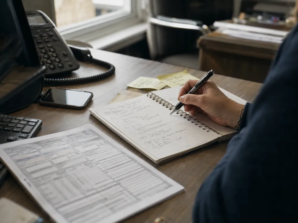 A handwritten notebook and sticky notes beside a desk phone