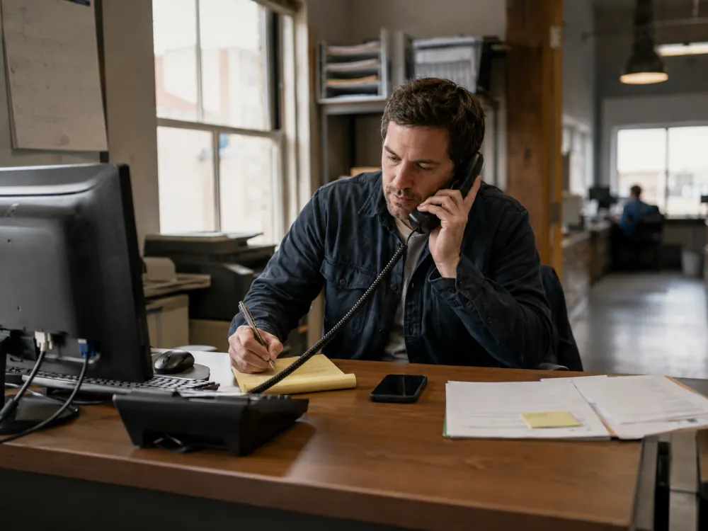 An owner taking a call at a desk while writing the details on a pad