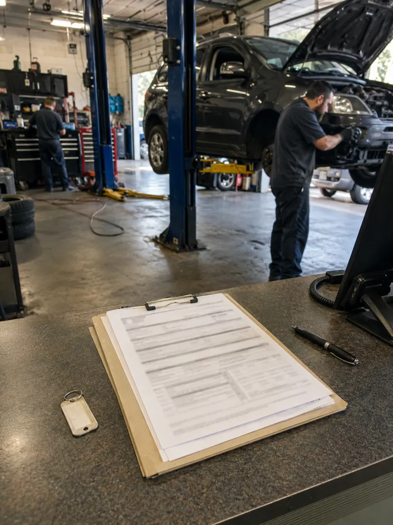 A mechanic working beside a vehicle in a busy shop