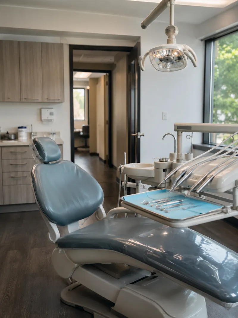 A dental treatment room with the chair prepared and empty