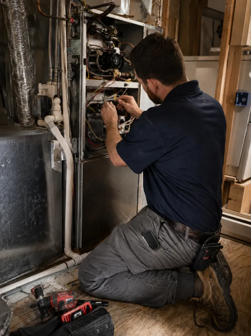 An HVAC technician working on equipment with both hands occupied
