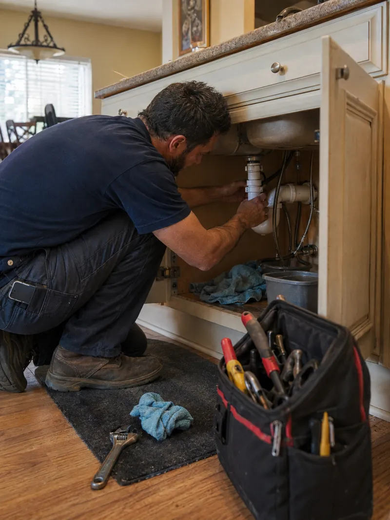 A plumber working on a repair inside a property