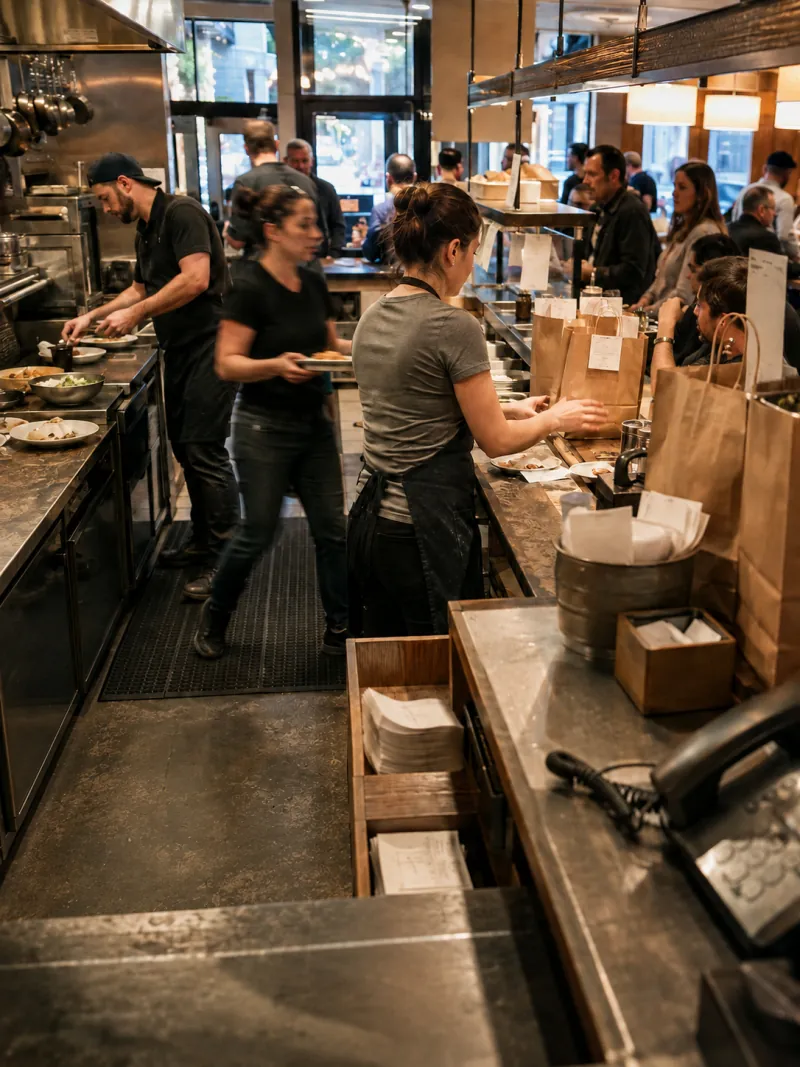 A restaurant counter during a busy service period