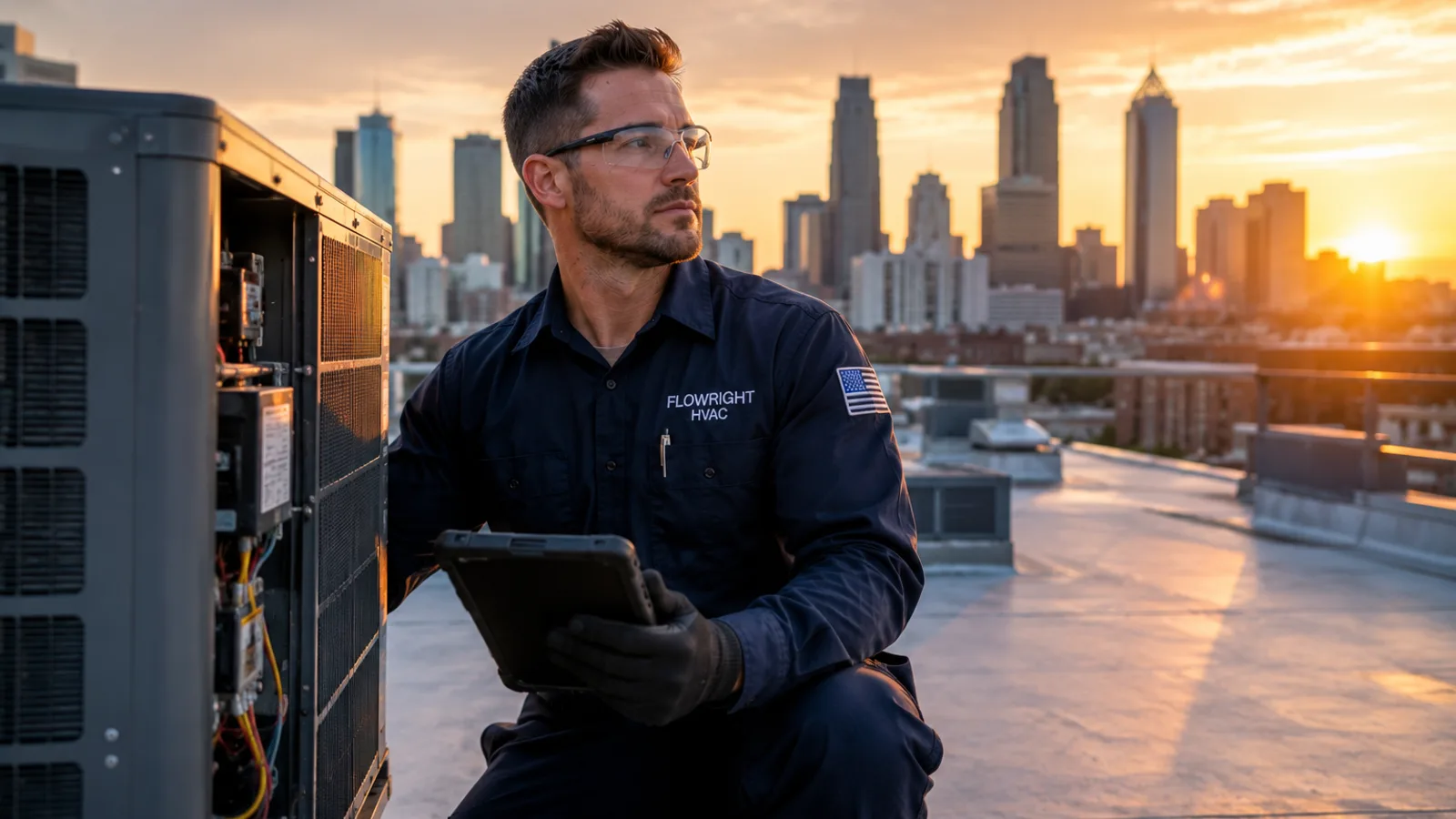 HVAC technician inspecting a rooftop condenser unit with a tablet at sunset