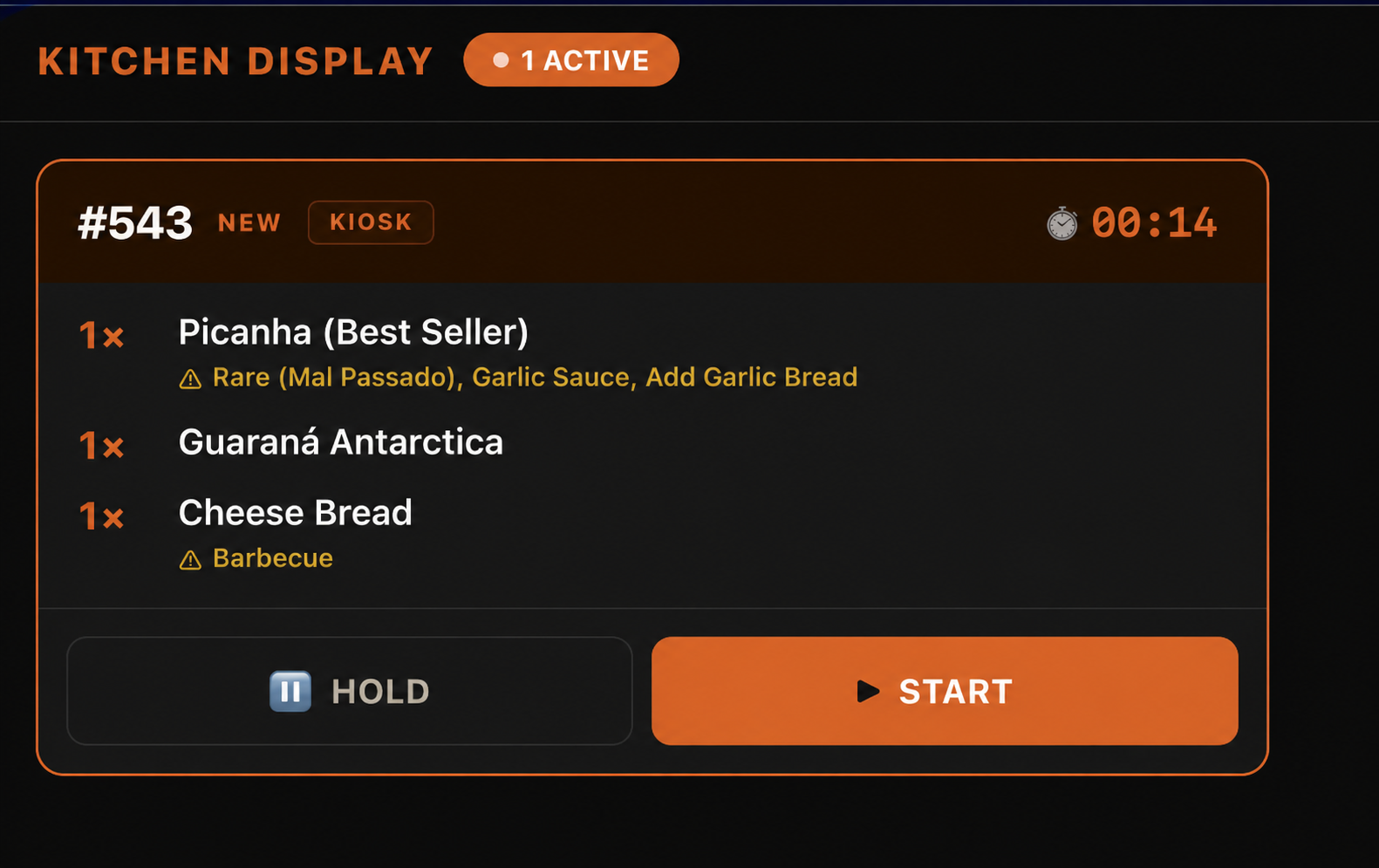 The ARIZN kitchen display showing a live order: picanha, Guaraná Antarctica and cheese bread, with hold and start controls